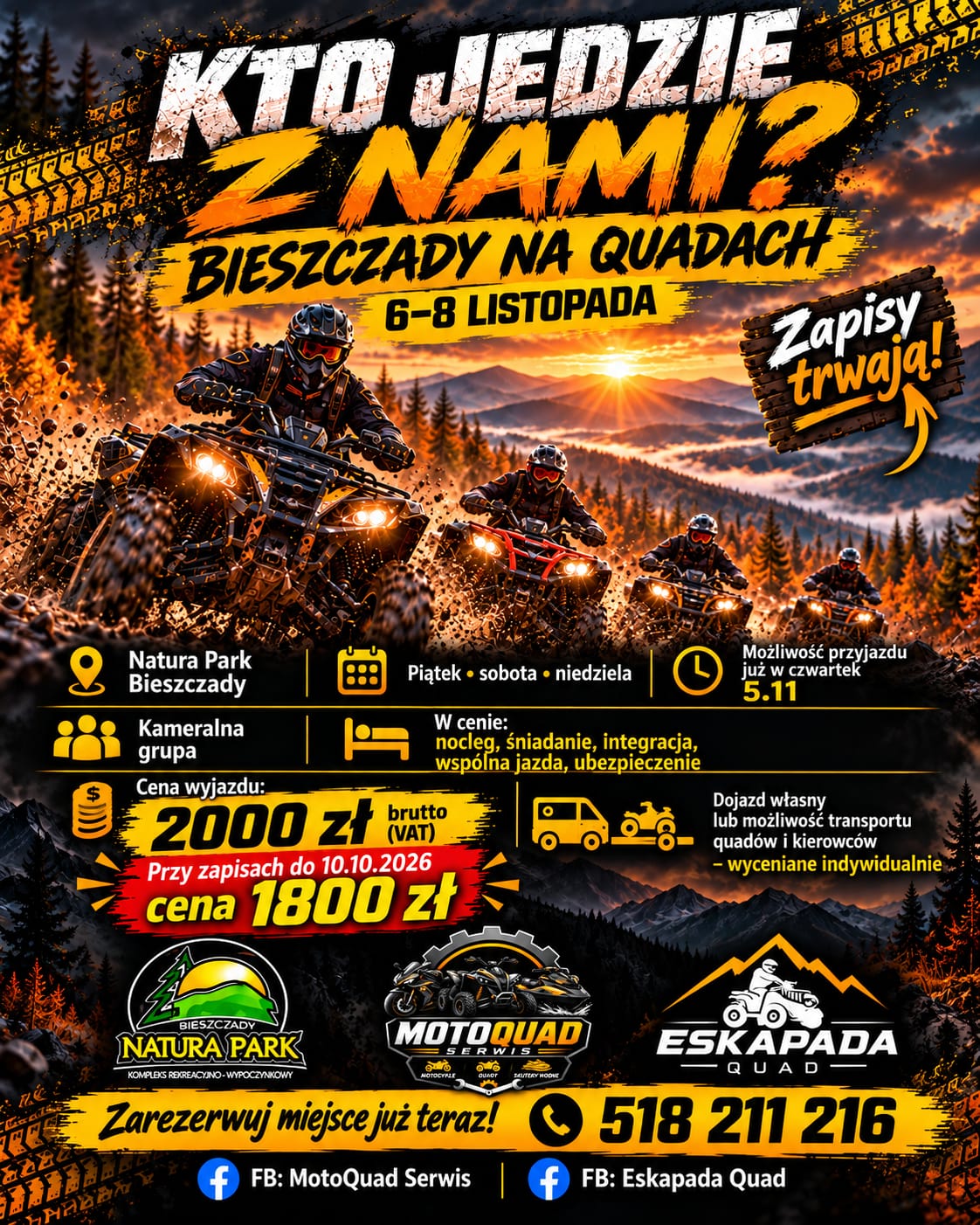 Plakat wyjazdu quadami w Bieszczady – Natura Park Bieszczady, 6–8 listopada 2026