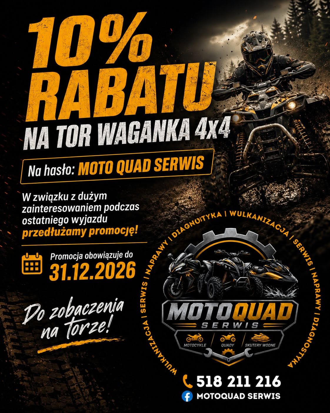 Plakat promocji 10% rabatu na tor Waganka 4x4