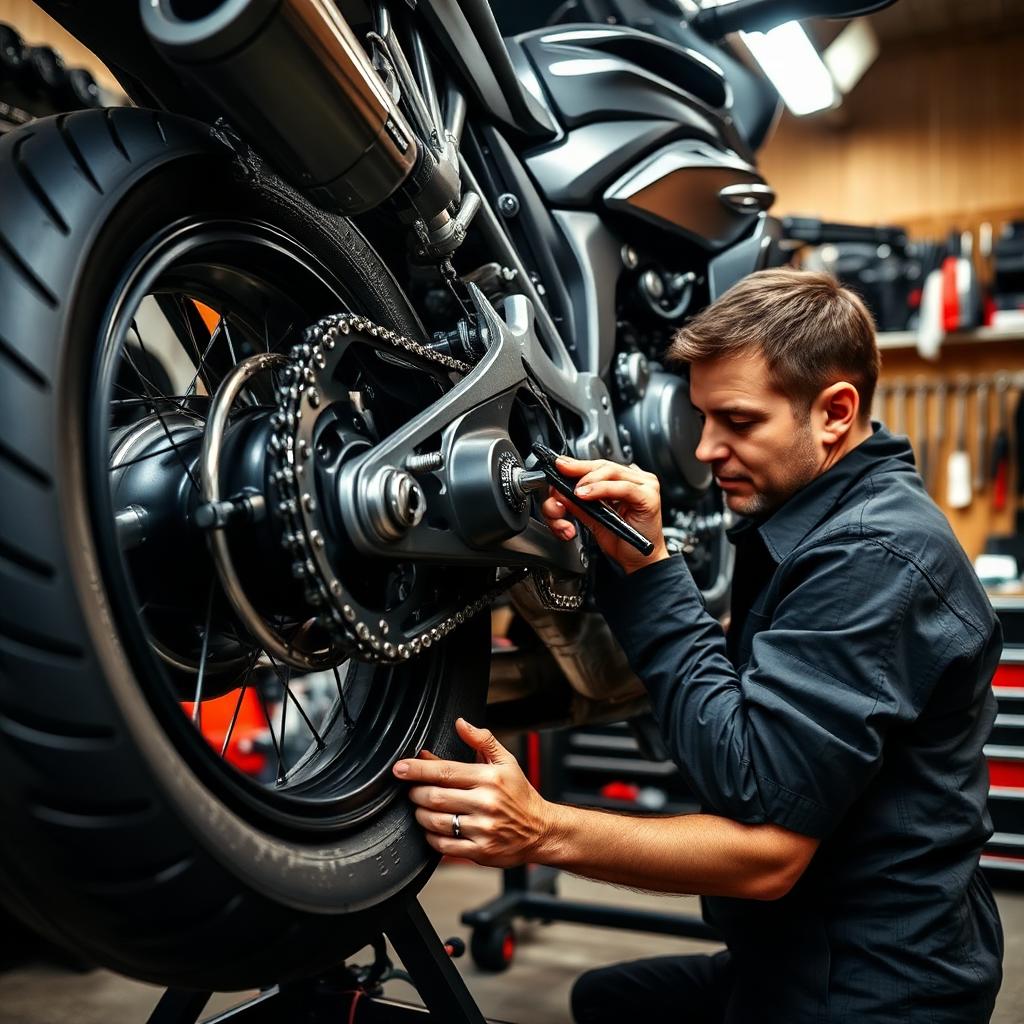 Mechanik sprawdzający stan łańcucha i napędu motocykla