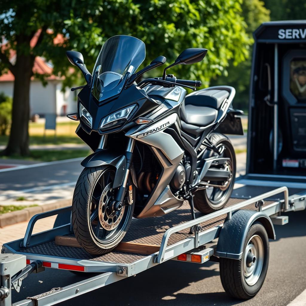 Transport motocykla na profesjonalnej przyczepie serwisowej