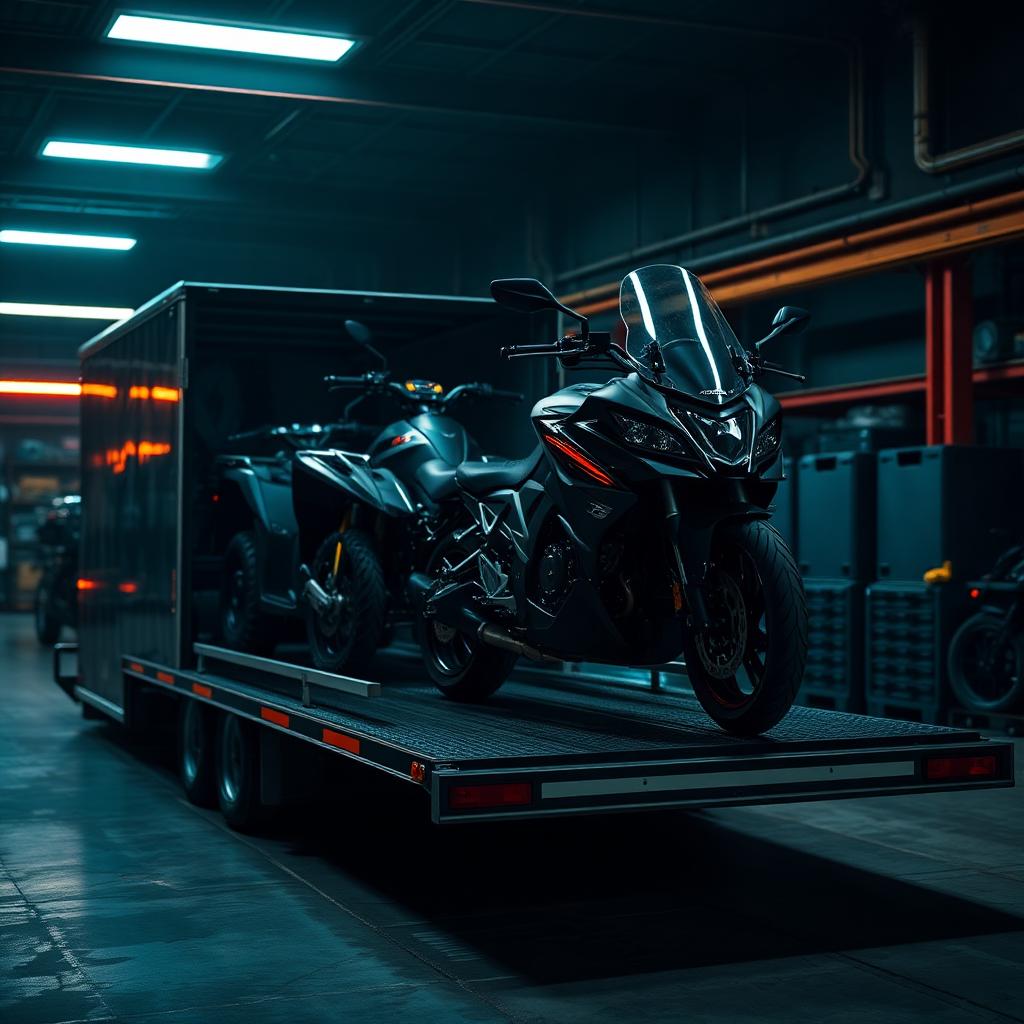 Motocykl i quad zabezpieczone na przyczepie transportowej