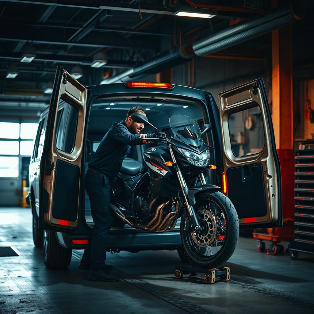 Mechanik rozładowuje motocykl z busa w warsztacie MotoQuad