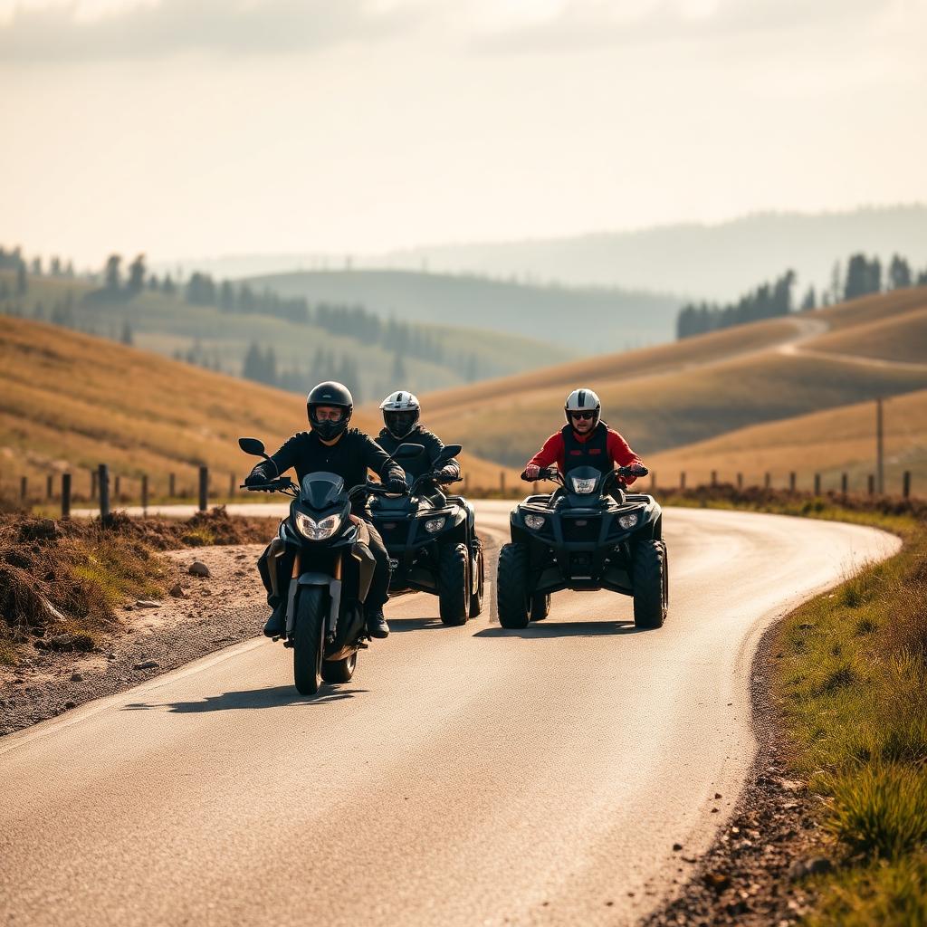 Motocykle na wspólnej trasie turystycznej w pagórkowatym terenie