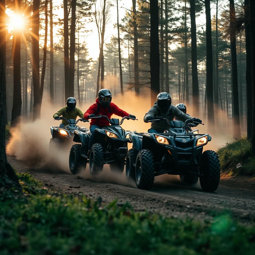 Grupa quadów ATV na lesnej trasie off-road o zachodzie słońca