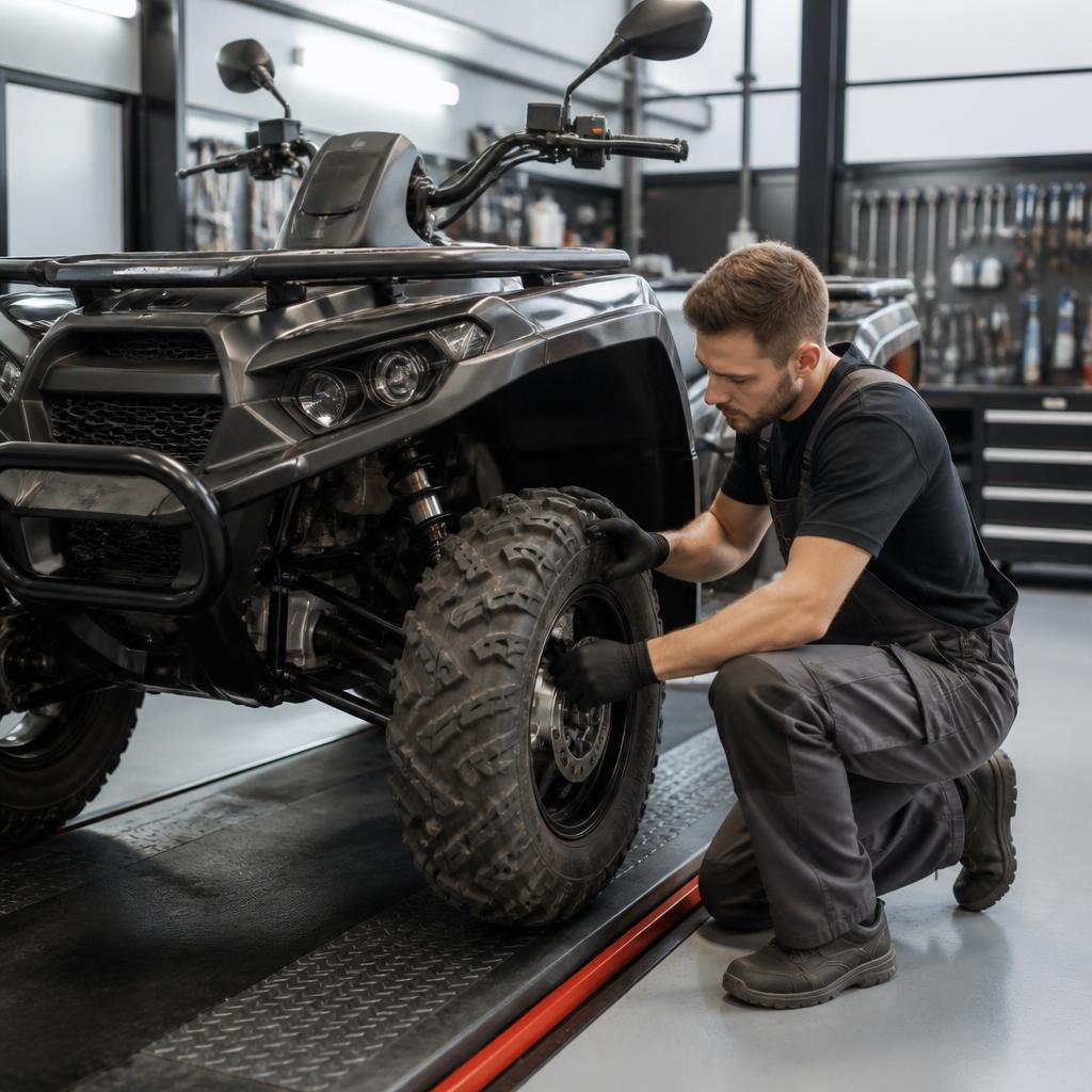 Mechanik sprawdzający oponę i hamulce quada przed wynajmem